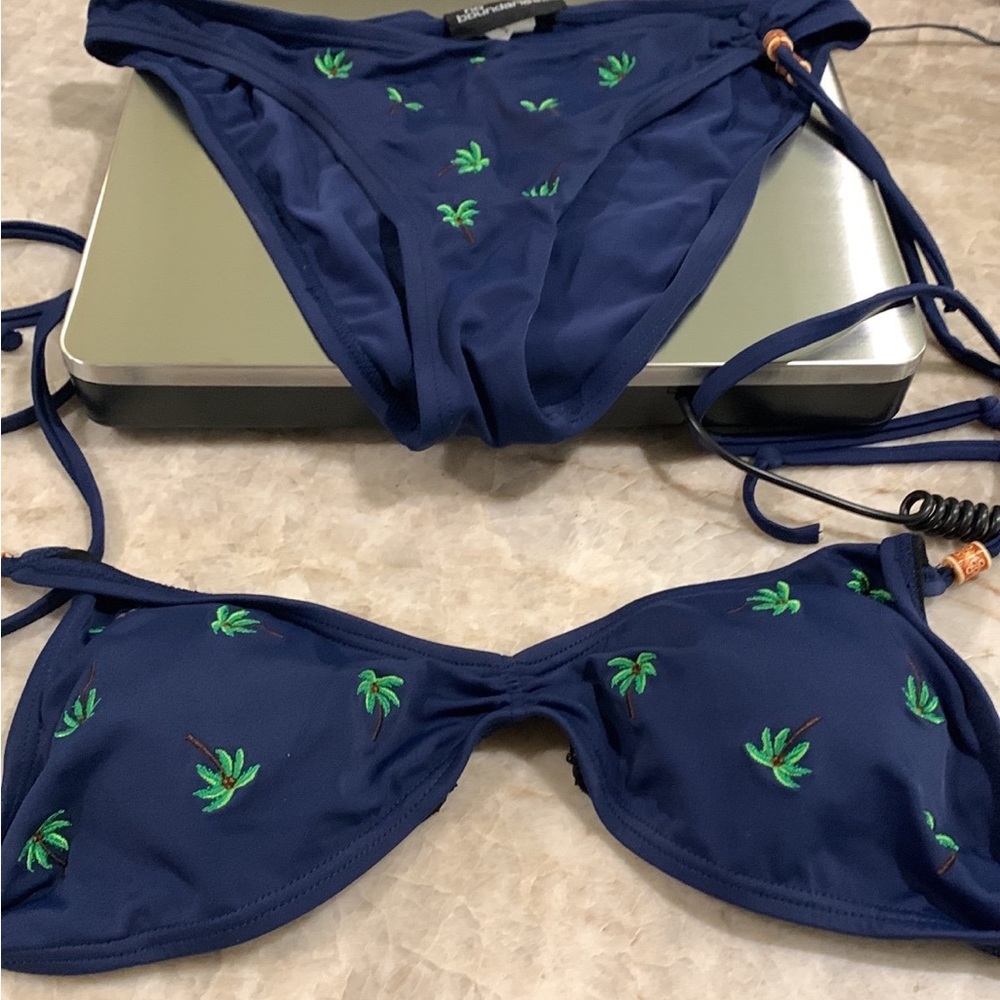 Navy Blue Bikini with Palm Tree Embroidery